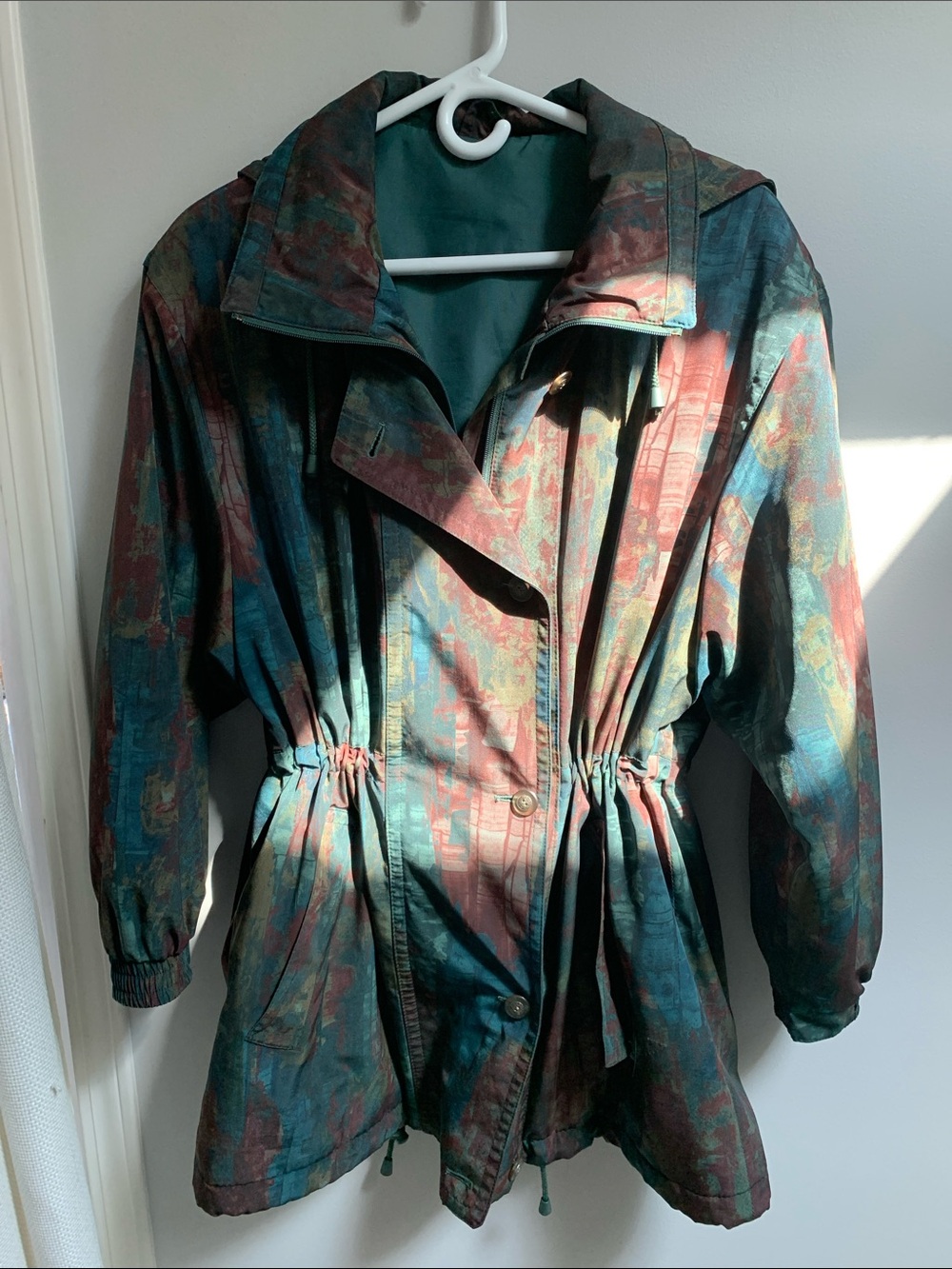 Rare Women’s Drawstring Waist 80s Vintage Dannimac Jacket in Teal and Burgundy